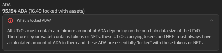 ADA balance display with locked ADA and explanation